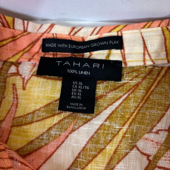 Tahari 100% Linen Yellow, Green, Cream Tropical Leaf Print Shirt Size XL X0479 - Picture 7 of 9